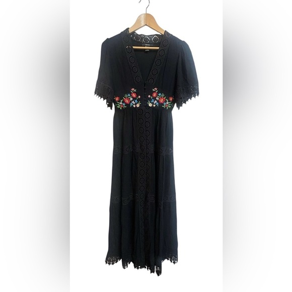 Floral Embroidered Duster Kimono Dress Womens S Black Whimsygoth Boho Lace - Picture 2 of 10